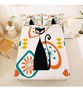 Mid Century Retro Cat Fitted Sheets Full Size Girls Bedding Set | Brown Red Yellow Cat Bottom She...