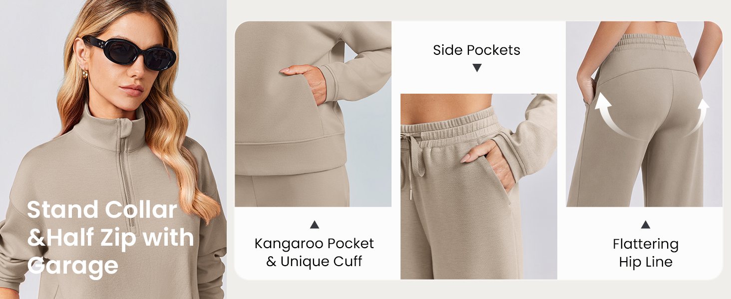 PINSPARK 2 Piece Lounge Set Matching Sets Half Zip & Stand Collar & Kangaroo Pocket & Wide Leg Pants