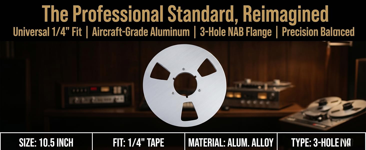 10.5 inch 3-hole aluminum NAB reel for 1/4" tape, professional standard.
