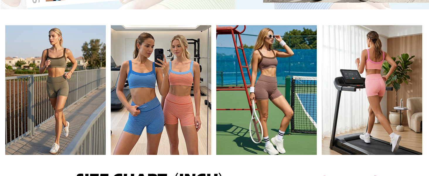 Womens Striped Workout Sets 2 Piece High Support Sports Bra and High Waisted Biker Shorts Set