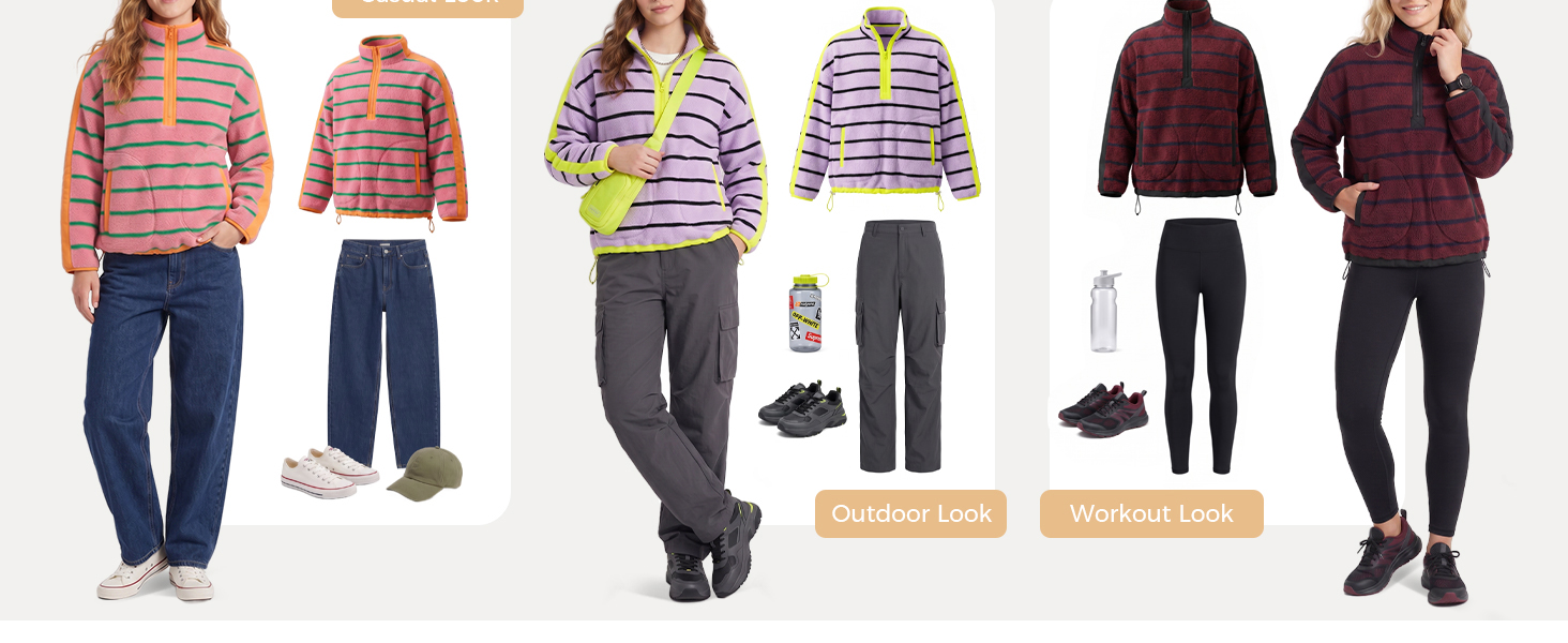 Quarter zip pullover outfits shown from multiple angles.
