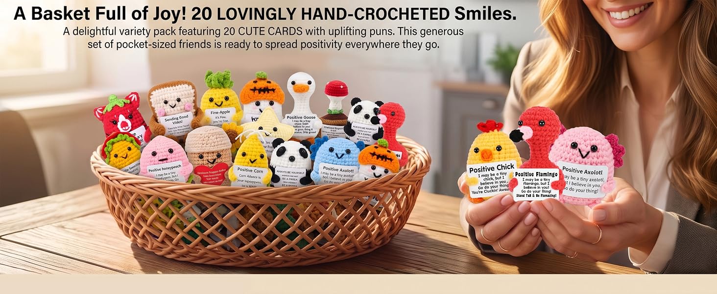 Basket of 20 lovingly hand-crocheted amigurumi dolls with 20 cute cards for spreading positivity.