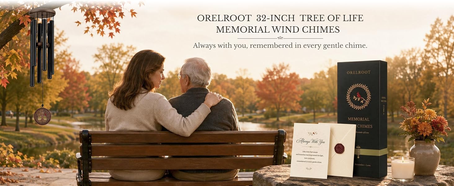 ORELROOT 32-inch memorial wind chime and remembrance gift set in an autumn park.