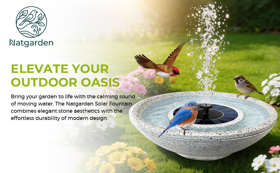 Solar Fountain Bird Bath Faux Granite Outdoor Garden Water Feature for Wild Birds