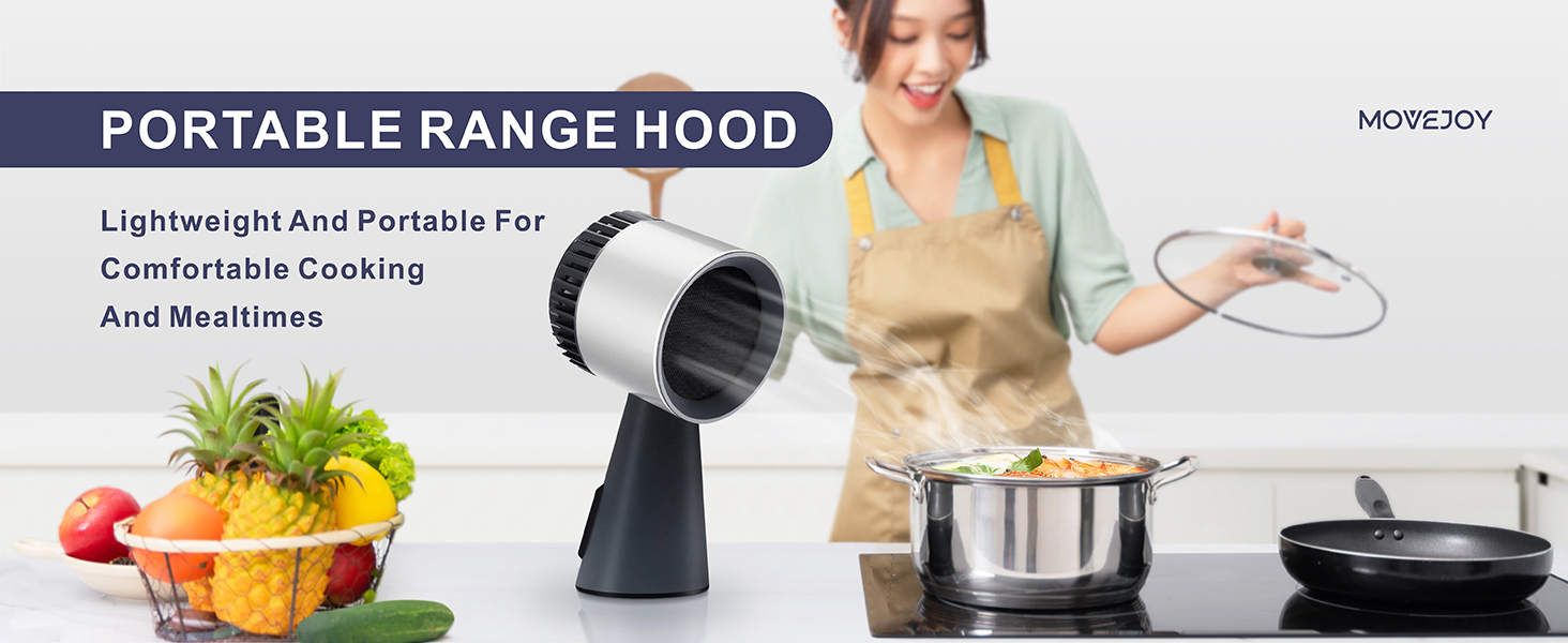 Movejoy portable range hood on a kitchen countertop while a family cooks nearby