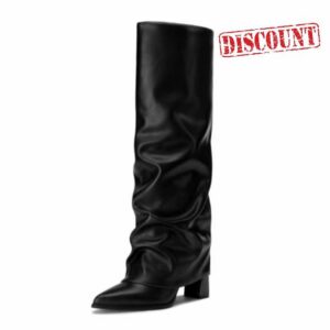 Athlefit Knee High Boots Women Chunky Fold Over Tall Boots                                                          PU Leather