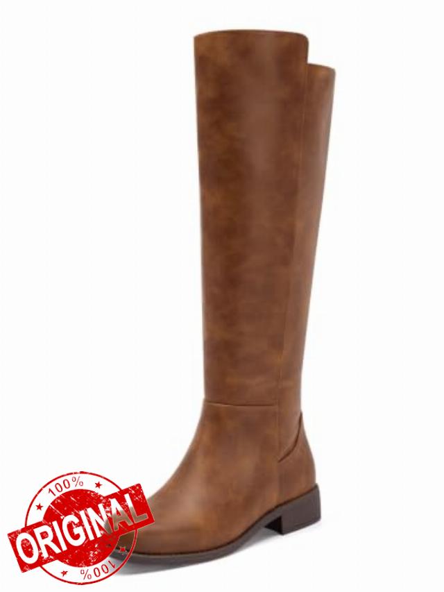 Coutgo Knee High Boots Women Flat Low Heel Round Toe Zip Riding Tall Boots                                                          1.3-In Chunky Block Heeled