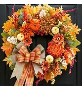 Fall Wreaths for Front Door 24", Fall Door Wreath with Plaid Bow & Dahlias | Warm plaid bow fall ...