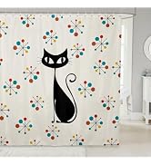 Mid Century Black Cat Shower Curtain Sets 12 Hooks Suit Bath Decor | Modern Geometric Abstract Wa...