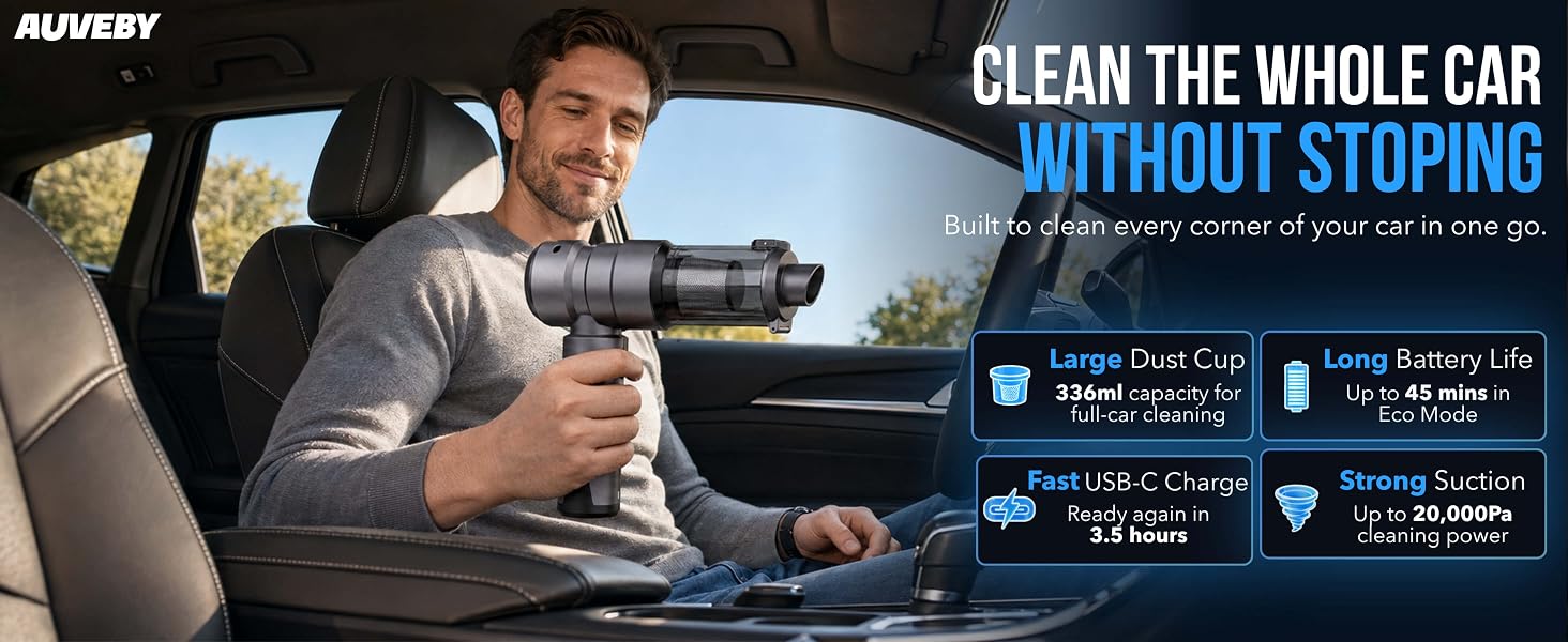 Portable cordless car vacuum with 20000Pa suction, 45 min runtime and 336ml dust cup