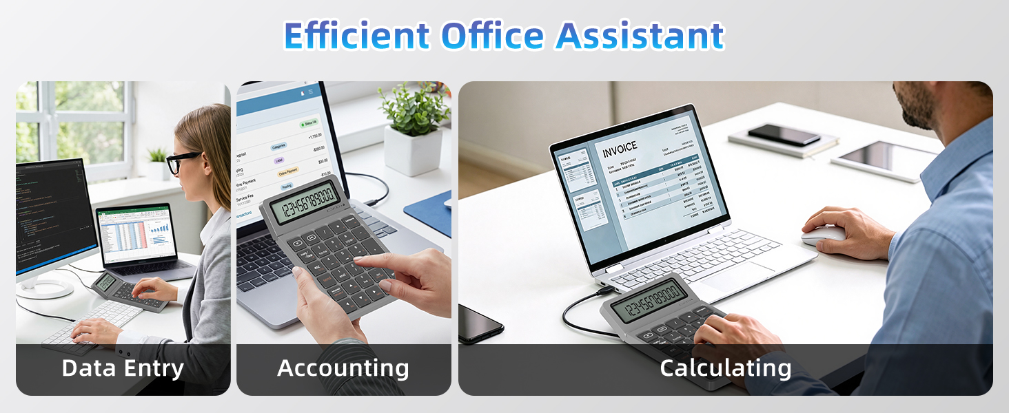 Text reads: 'Efficient Office Assistant' with labeled sections showing 'Data Entry', 'Accounting', and 'Calculating'. Composite image of office workers using computers and tablets for business tasks.