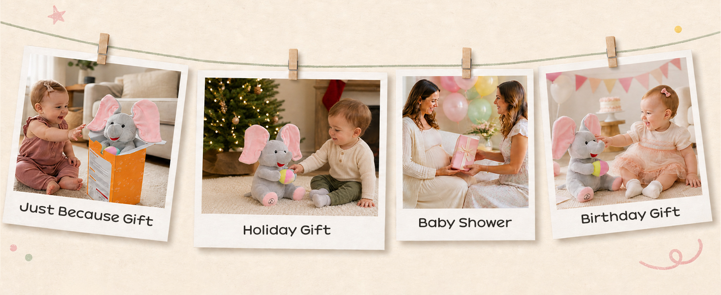 Four photo collage showing peek‑a‑boo elephant plush toy as baby shower, holiday and birthday gift