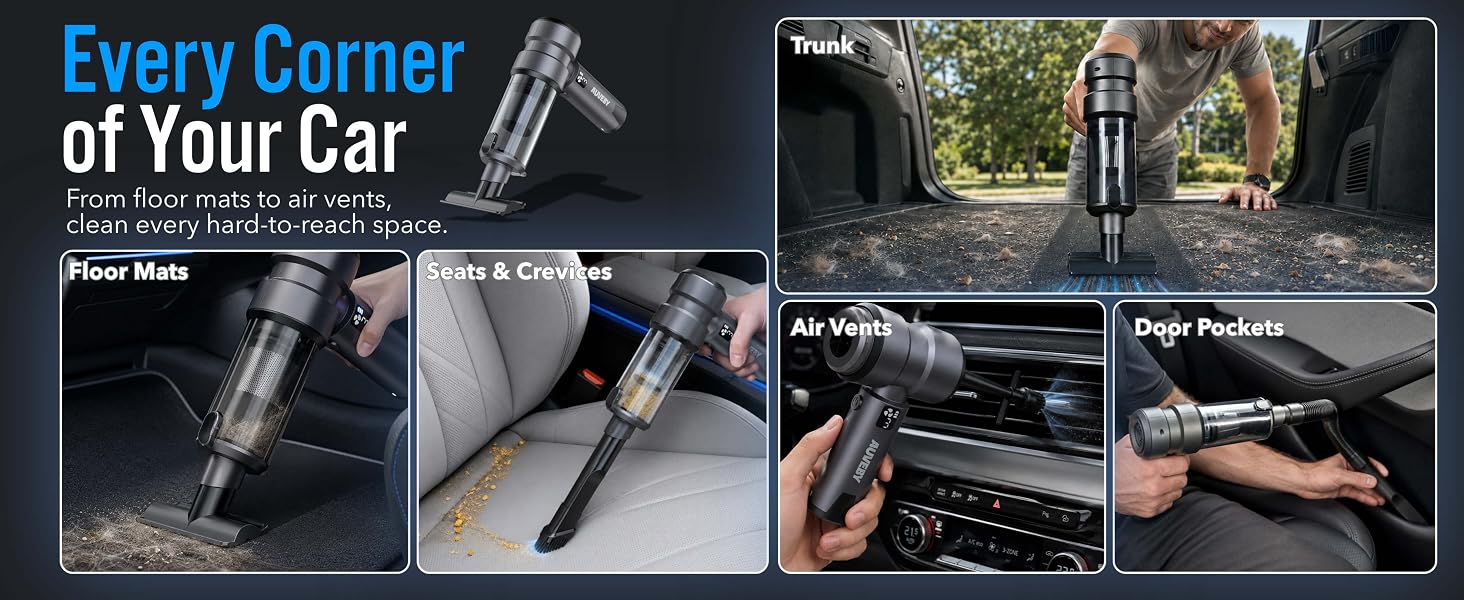 AUVEBY vacuum cleans floor mats, seat crevices, trunk, air vents and door pockets