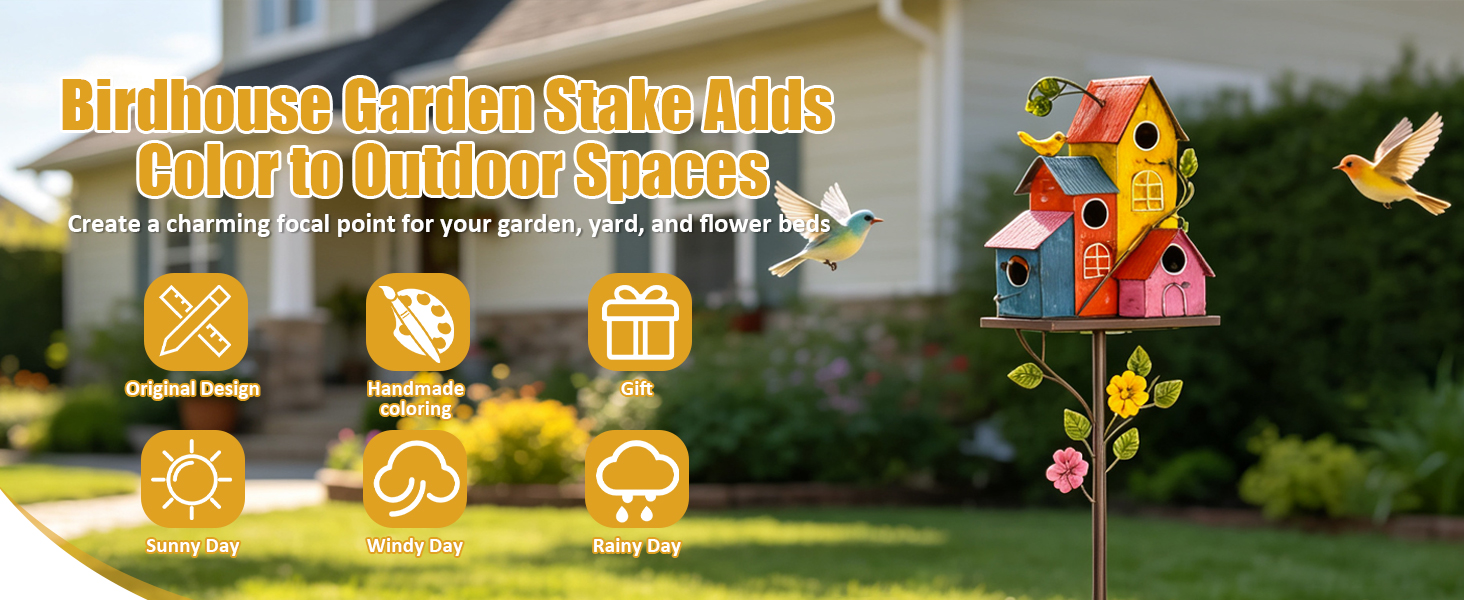 birdhouse garden stake adds color to outdoor spaces