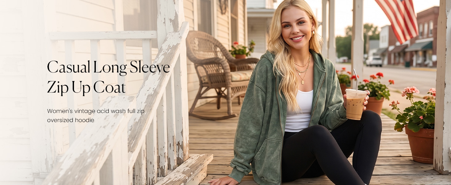 SHEWIN Womens Zip Up Hoodies Washed Out Oversized Sweatshirt Spring Fall Layering Jacket