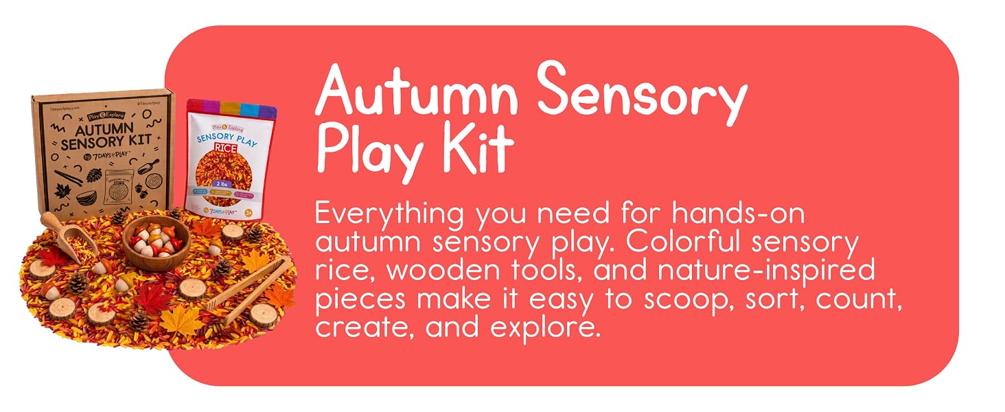 Autumn Sensory Play Kit with colorful rice, wooden tools, and nature-inspired pieces.