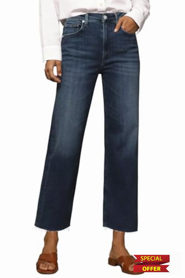 Allimy Womens Tummy Control High Waisted Straight Leg Jeans Stretchy Raw Hem Cropped Denim Pants