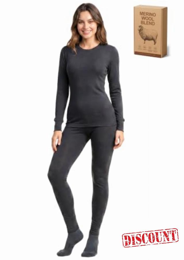 Merino Wool Blend Base Layer Womens Thermal Underwear Set                                                          Crew-neck top & bottom