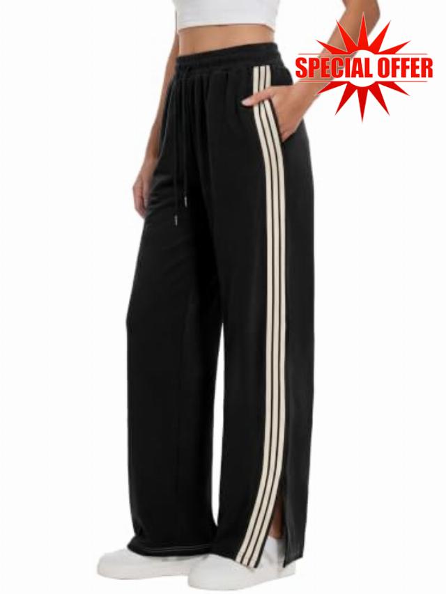 ANRABESS Women's Sweatpants Wide Leg Striped Track Pants                                                          Straight Leg High Elastic Drawstring Waist Sweat Pants & Pockets
