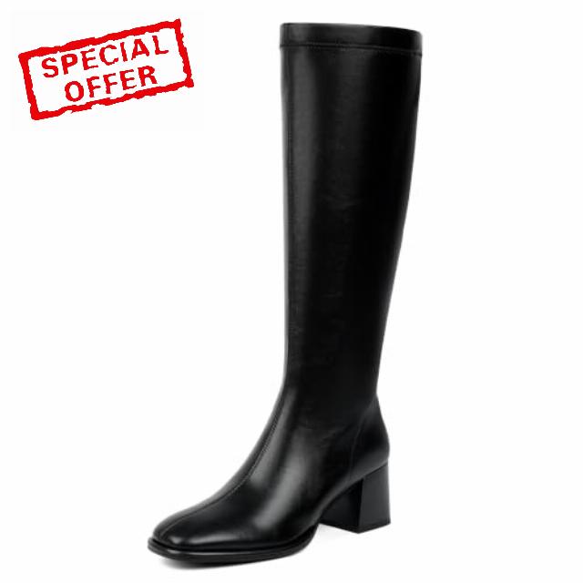 VIUGJNEX Knee High Boots Women Stretchy Chunky Heel Square Toe Tall Boots                                                          2.36-in Mid Heeled Boots