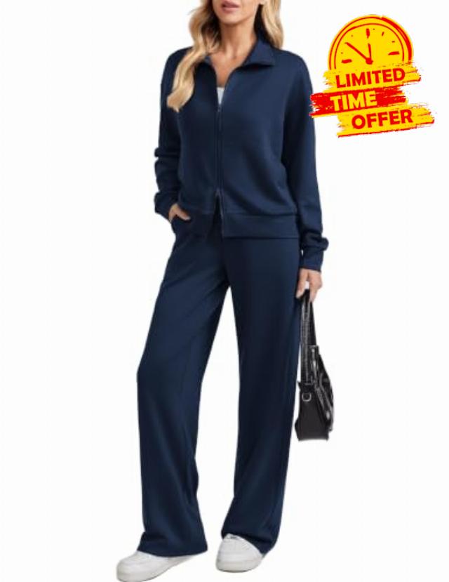 PINSPARK 2 Piece Sets for Women Two-Way Zip Top Wide Leg Pants Tracksuit                                                          Regular & Petite