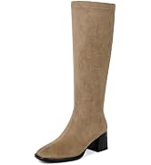 VIUGJNEX Knee High Boots Women Stretchy Chunky Heel Square Toe Tall Boots | 2.36-in Mid Heeled Bo...