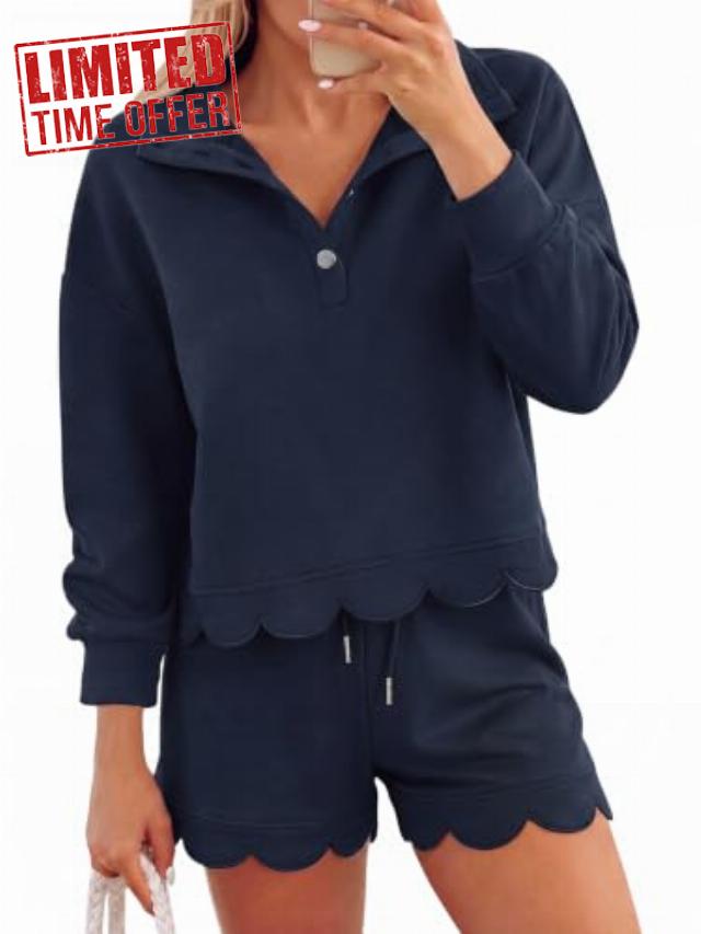 Women 2 Piece Sweatsuits Scalloped Half Button Workout Lounge Sets                                                          Ladies' scallop hem，High waisted drawstring shorts