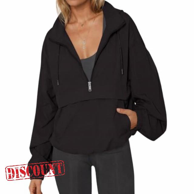 Fisoew Womens Windbreaker Lightweight Jackets Hooded Quarter Zip Pullover                                                          Half Zip