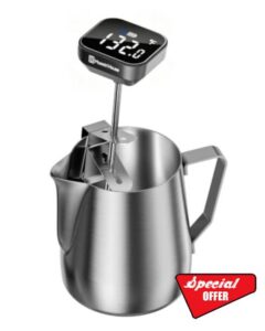 Maestri House Rechargeable Coffee Thermometer & 12oz Milk Frothing Pitcher                                                          0.1°F digital thermometer with 3-color LED guide and clip-on design; 12oz pitcher for milk steaming and latte art.