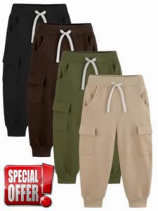 Kids Boys Sweatpants 4 Pack Cargo Joggers with 4 Pockets 2T-14Y                                                          60% Cotton 40% Polyester Fleece
