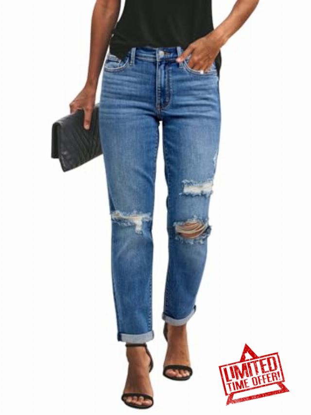 KUNMI Women's Ripped Mid Waisted Boyfriend Jeans Loose Fit Distressed Stretchy Denim Pants