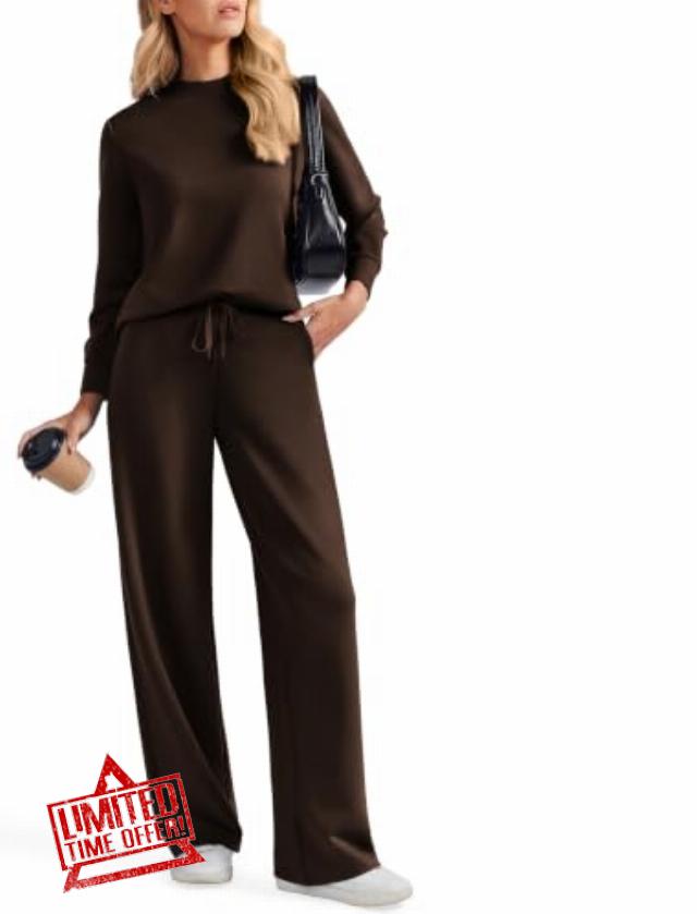 PINSPARK 2 Piece Sets for Women Wide Leg Pants Mock Neck Sweatsuits 2026                                                          Relaxed Fit