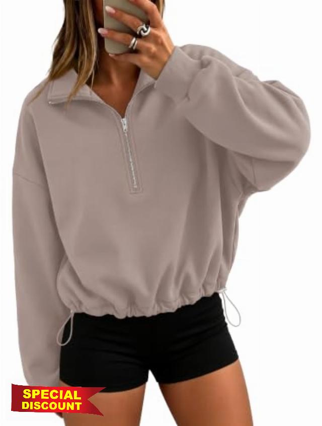 Women's Quarter Zip Pullover Cinchable Crop Sweatshirt Fall Fleece                                                          1/4 Zip Pullover No Hood Cropped Collared Vneck Casual Workout Trendy Fashion Daily Wear Gym Oversize Outfits Cotton Cute