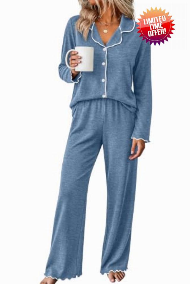 WIHOLL Women's Pajamas Sets Cute Ruffle Long Sleeve Button Up 2 Piece Pjs                                                          Ruffle Trim Breathable Soft Lounge Sets