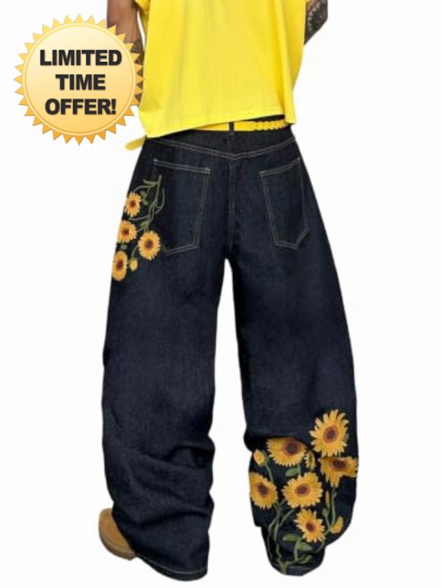 DFGIGT Men's Wide-Leg Baggy Jeans Flower Embroidery Denim Pants Loose Fit                                                          Loose Fit