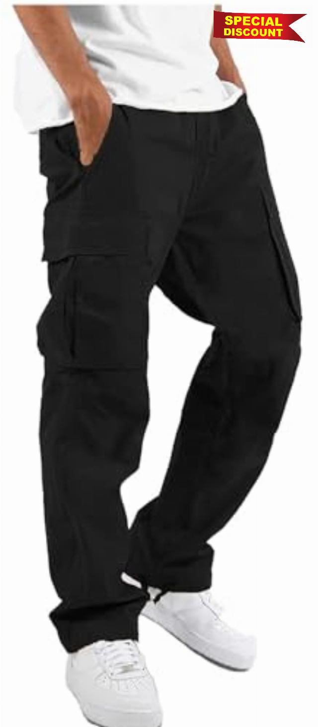 HUNGSON Mens Cargo Pants Drawstring Casual Hiking Pants Joggers Athletic Trousers Cotton Loose Straight Sweatpants for Me