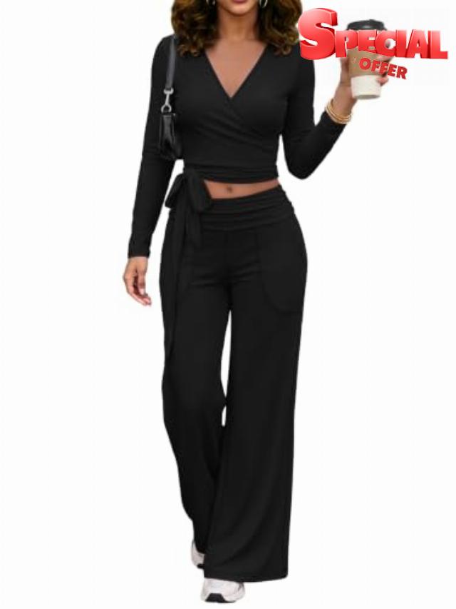 2 Piece Workout Sets for Women Long Sleeve Shirts Wide Leg Pants                                                          Wrap Front Crop Tops Yoga High Waist Straight Leg Leggings Gym Matching Sets Clothing Pilates Outfits