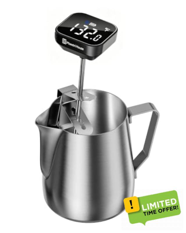 Maestri House Rechargeable Coffee Thermometer & 12oz Milk Frothing Pitcher                                                          0.1°F digital thermometer with 3-color LED guide and clip-on design; 12oz pitcher for milk steaming and latte art.
