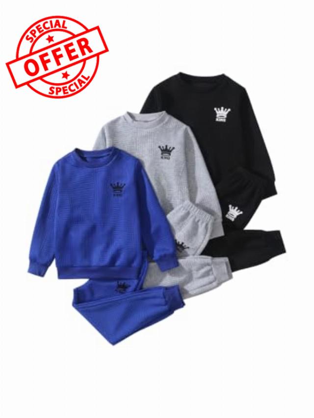Boys Sweatsuit Letter Print Texture Sweatshirt and Jogger Pant Sets                                                          6 Pcs