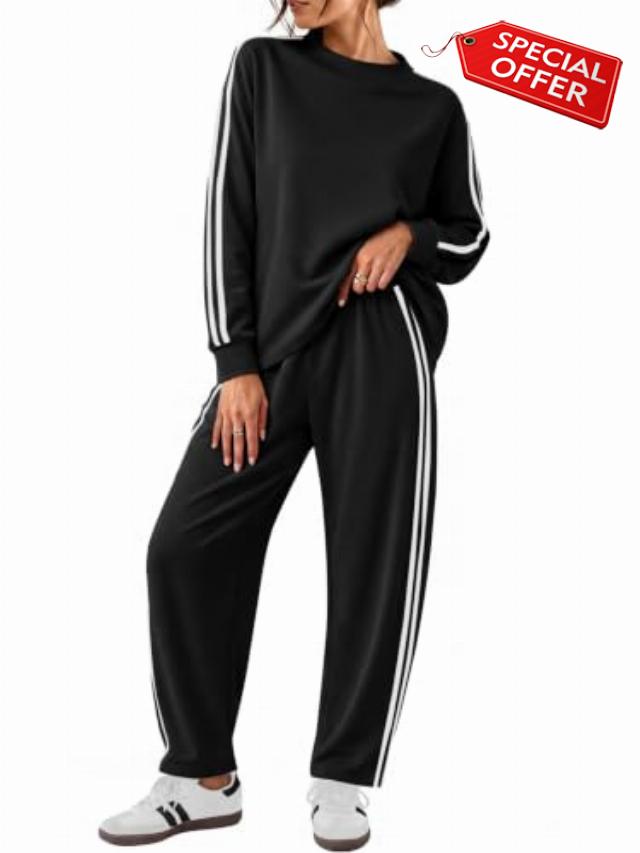 Yousify Women's 2 Piece Outfits Side Stripe Tracksuit Fall Matching Sets                                                          Crewneck Sweatshirts & Barrel Pants with Pockets