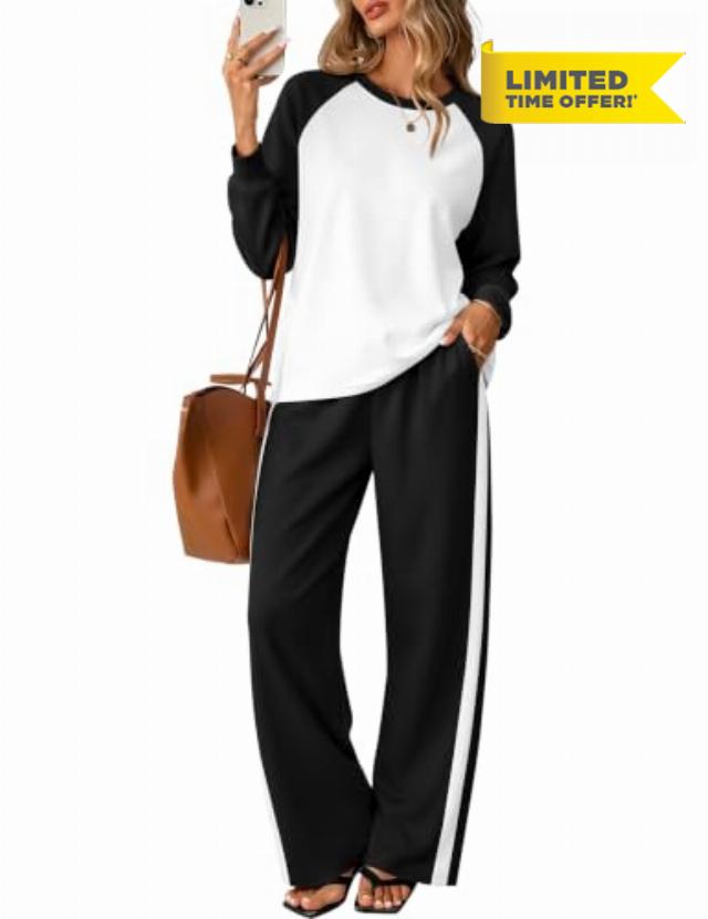 LOMON 2 Piece Sets for Women Sweatsuits Matching Lounge Sets Fall Outfits                                                          Raglan Long Sleeve Shirts & Wide Leg Pant with pockets