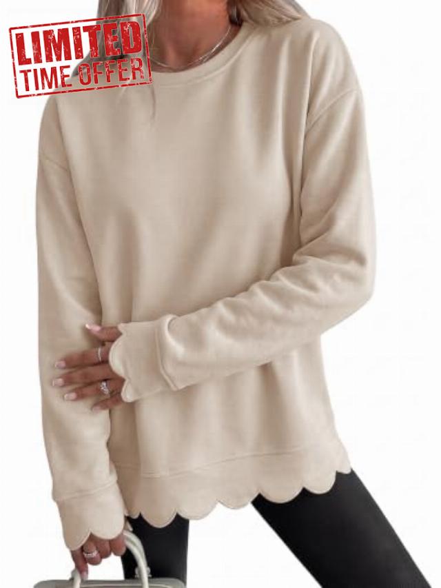 Fisoew Womens Oversized Crewneck Sweatshirts Scalloped Casual Pullover Tops                                                          Long Sleeve