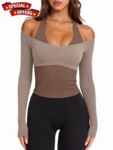 LASLULU Womens Colorblock Padded Long Sleeve Workout Tops Pilates Yoga Gym                                                          Off the Shoulder