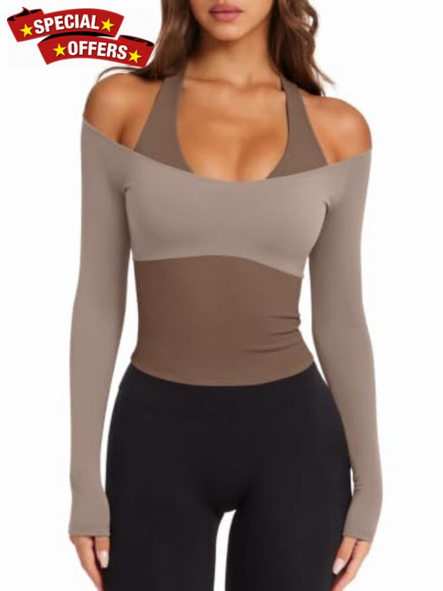 LASLULU Womens Colorblock Padded Long Sleeve Workout Tops Pilates Yoga Gym                                                          Off the Shoulder