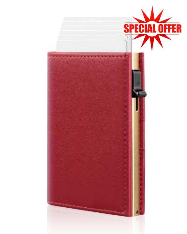 RFID Wallet Women Slim Small Minimalist Metal Pop Up Credit Card Holder                                                          Premiu Leather Pocket Wallet