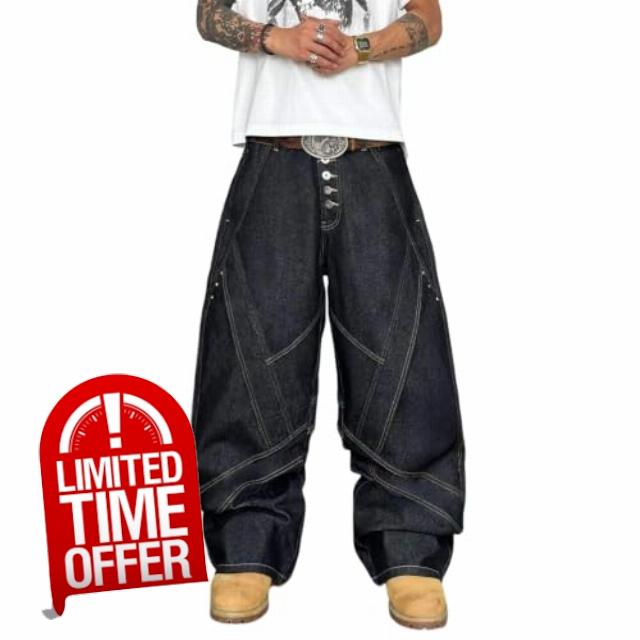 DFGIGT Men Wide Leg Button Fly Y2K Irregular Baggy Jeans                                                          Relaxed Loose Fit
