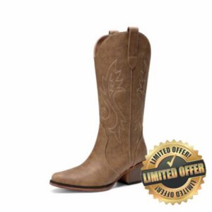 DREAM PAIRS Women's Cowboy Cowgirl Western Boots                                                          Embroidered Square Toe Mid Calf Boots
