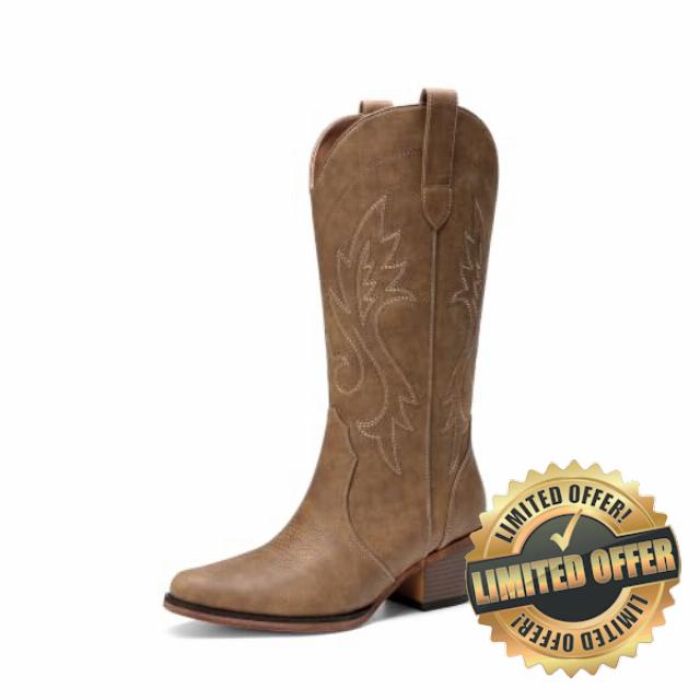 DREAM PAIRS Women's Cowboy Cowgirl Western Boots                                                          Embroidered Square Toe Mid Calf Boots