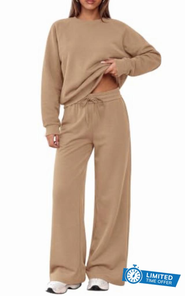 PRETTYGARDEN 2 Piece Lounge Sets Fall Matching Sweatsuits Women Clothing Loose Crewneck Sweatshirts & Wide Leg Pants Pockets