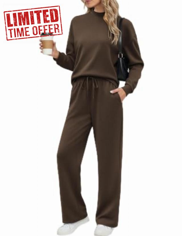 Ekouaer Two Piece Sets for Women Mock Neck Lounge Sets with Wide Leg Pants                                                          Fall Clothes